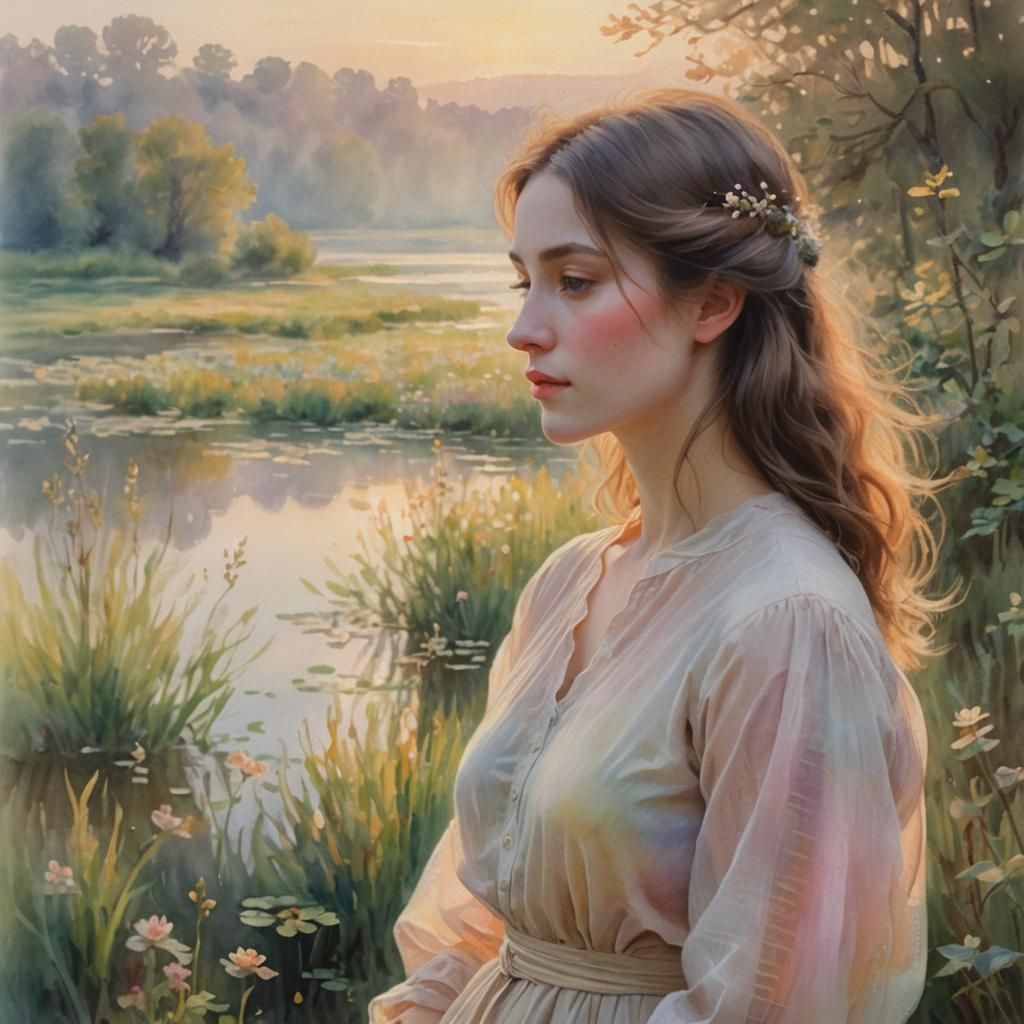 Woman in Serene Landscape: Impressionist Watercolor