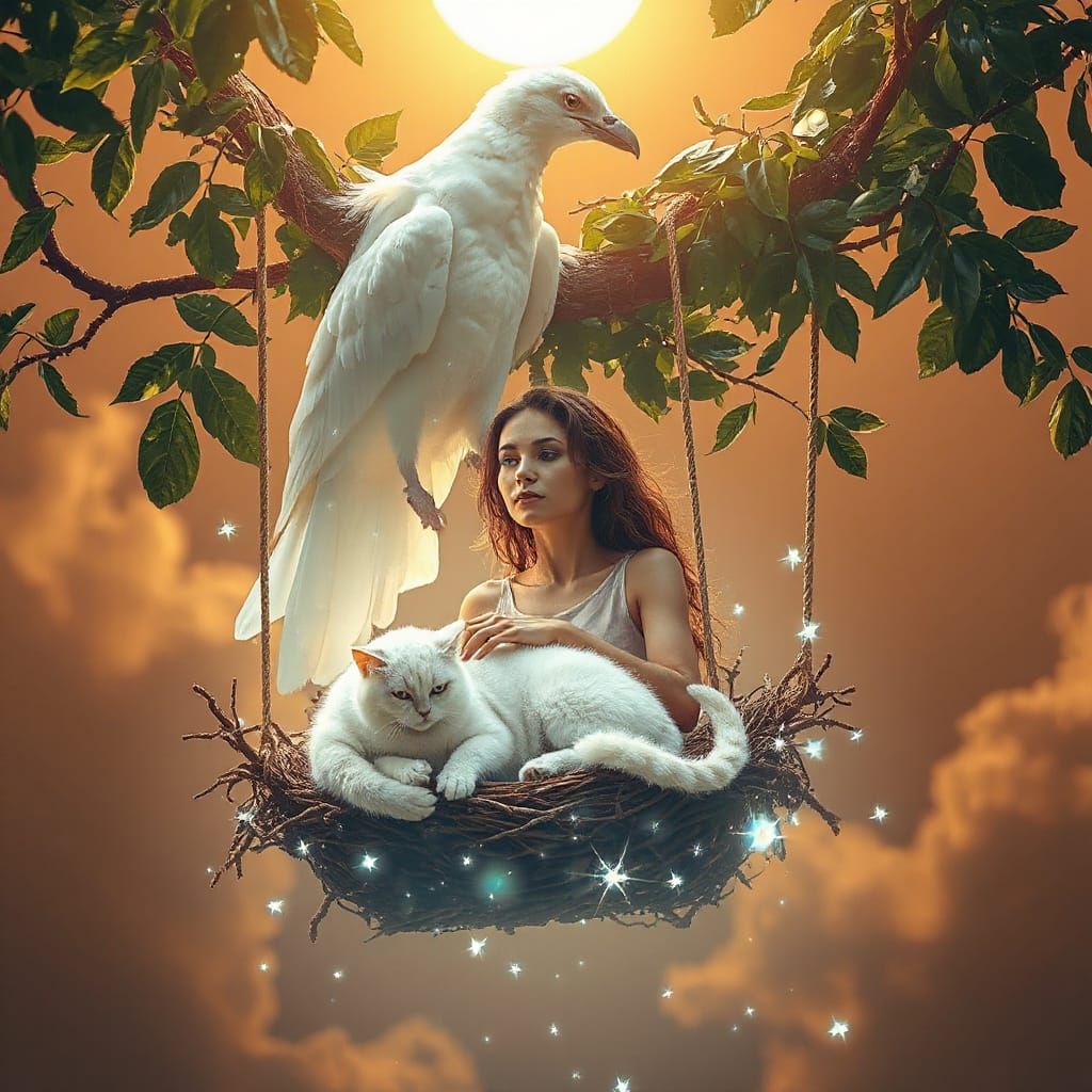 Ethereal Woman with Cat Under Giant Bird in Cosmic Nest