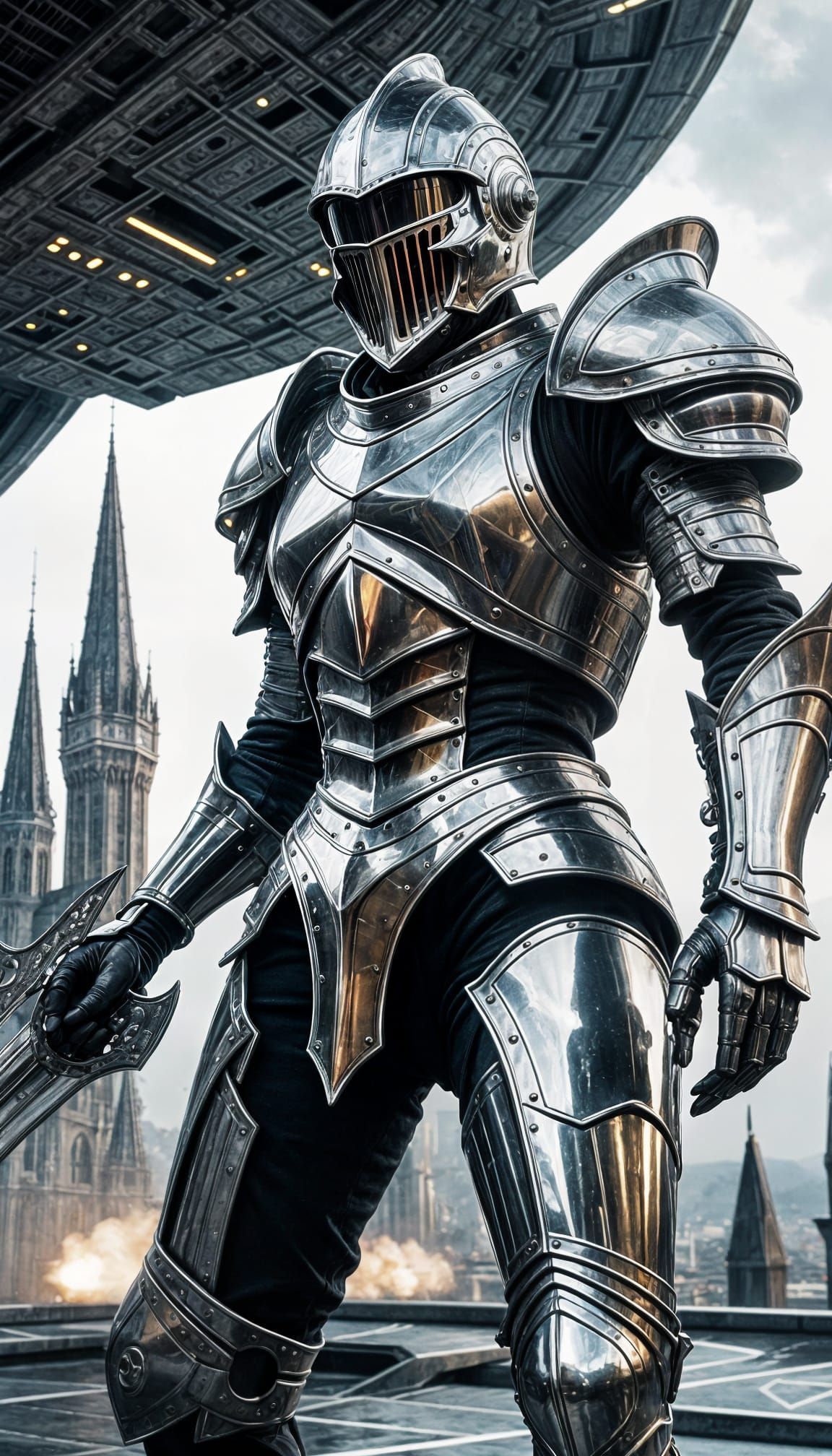 Gothic Knight Battles Futuristic Spaceship