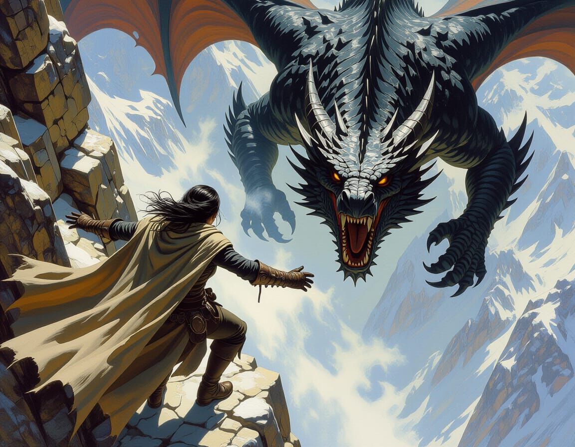 Adventurer and Dragon on Mountain Ledge in Fantasy Style