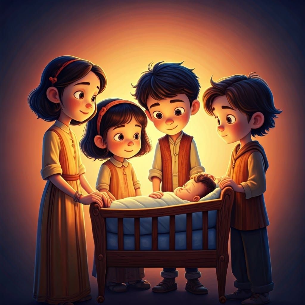 Traditional Family Gather Around Newborn Crib in Vibrant, Wh...