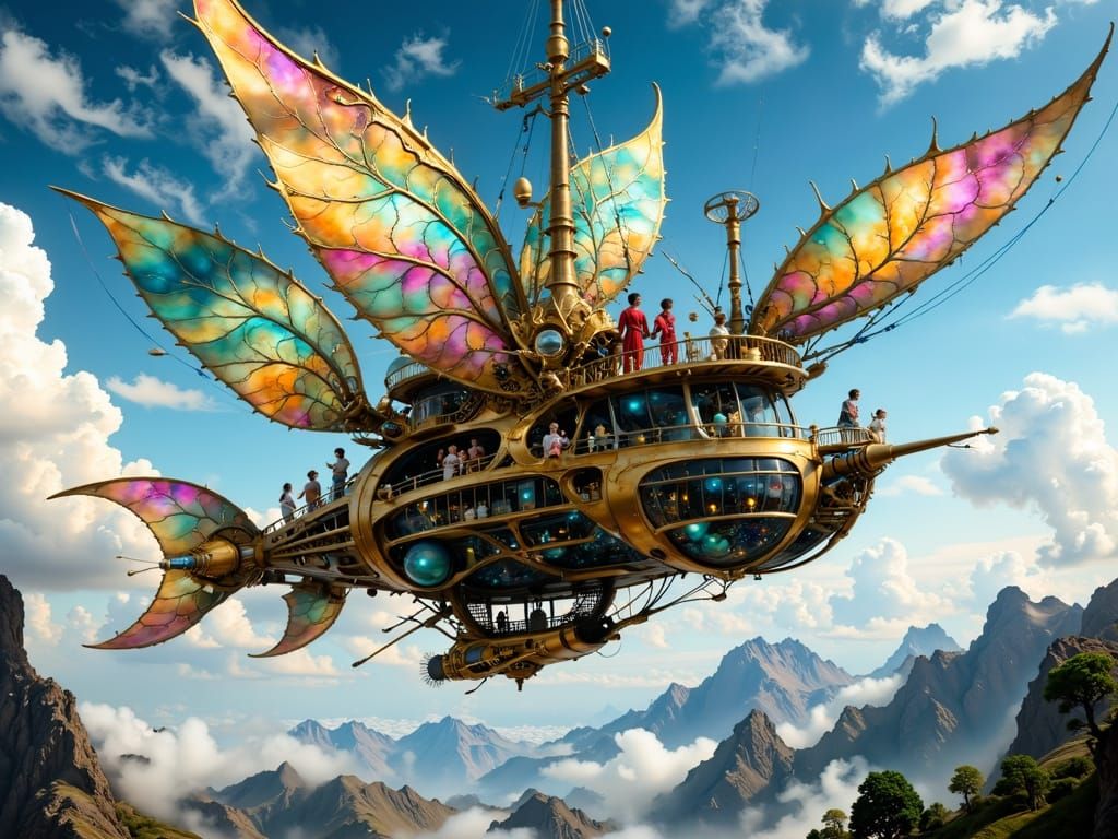 Steampunk Hummingbird Airship Soars Through Vibrant Cloud-Fi...