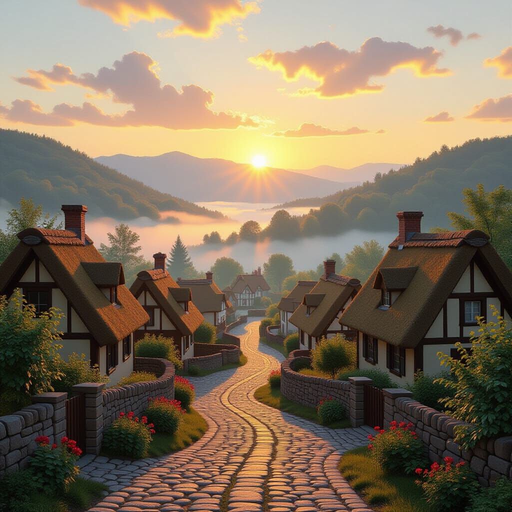 Quaint Village at Dawn in Hudson River Style