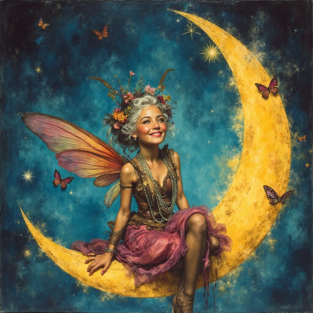 Joyful Pixie on Crescent Moon in Psychedelic Style