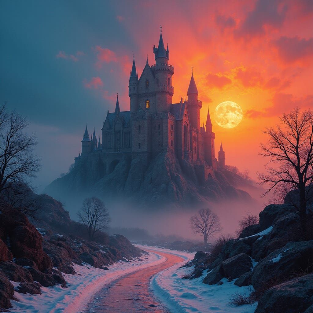 Vibrant Castle Between Light and Shadow, Abstract Art