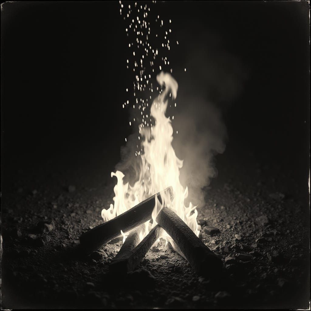 Vintage Black and White Photo with Vibrant Campfire