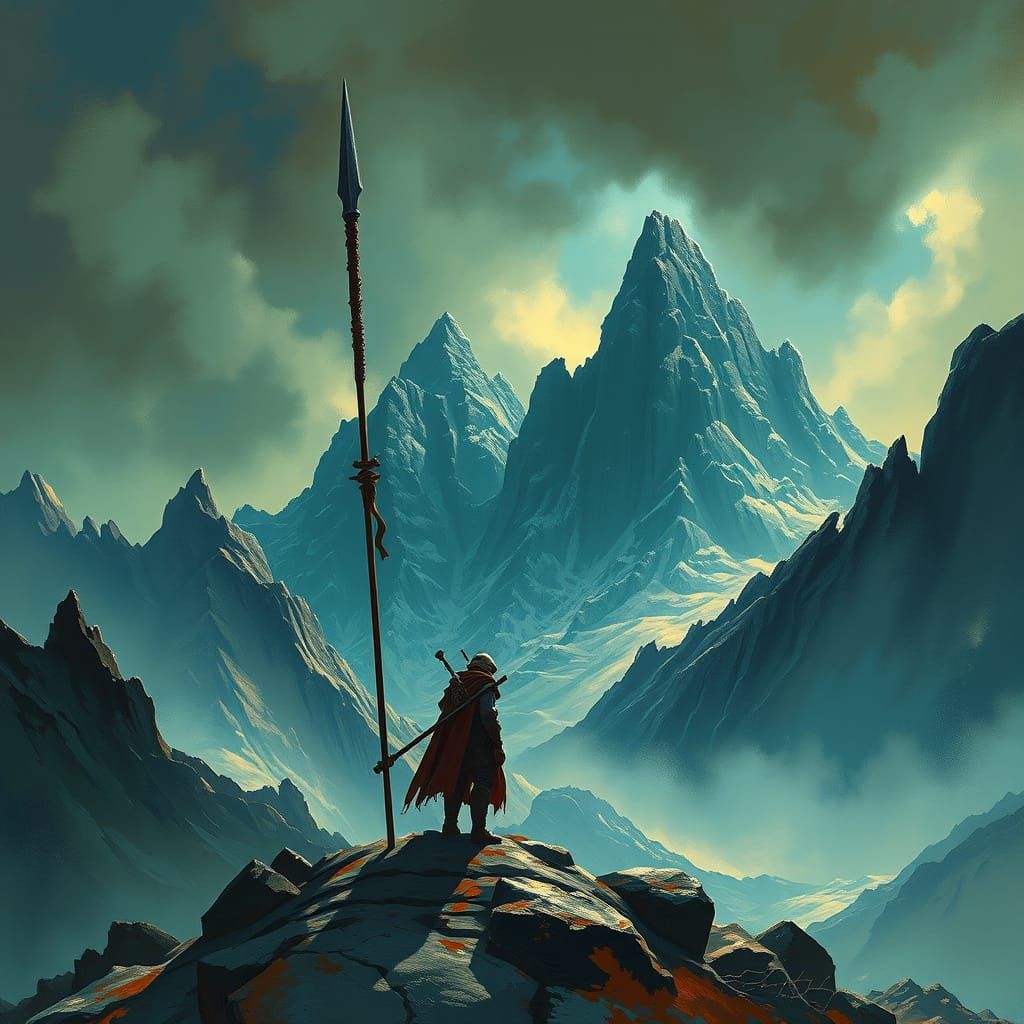 Heroic Figure Stands Tall in Majestic Mountainscape