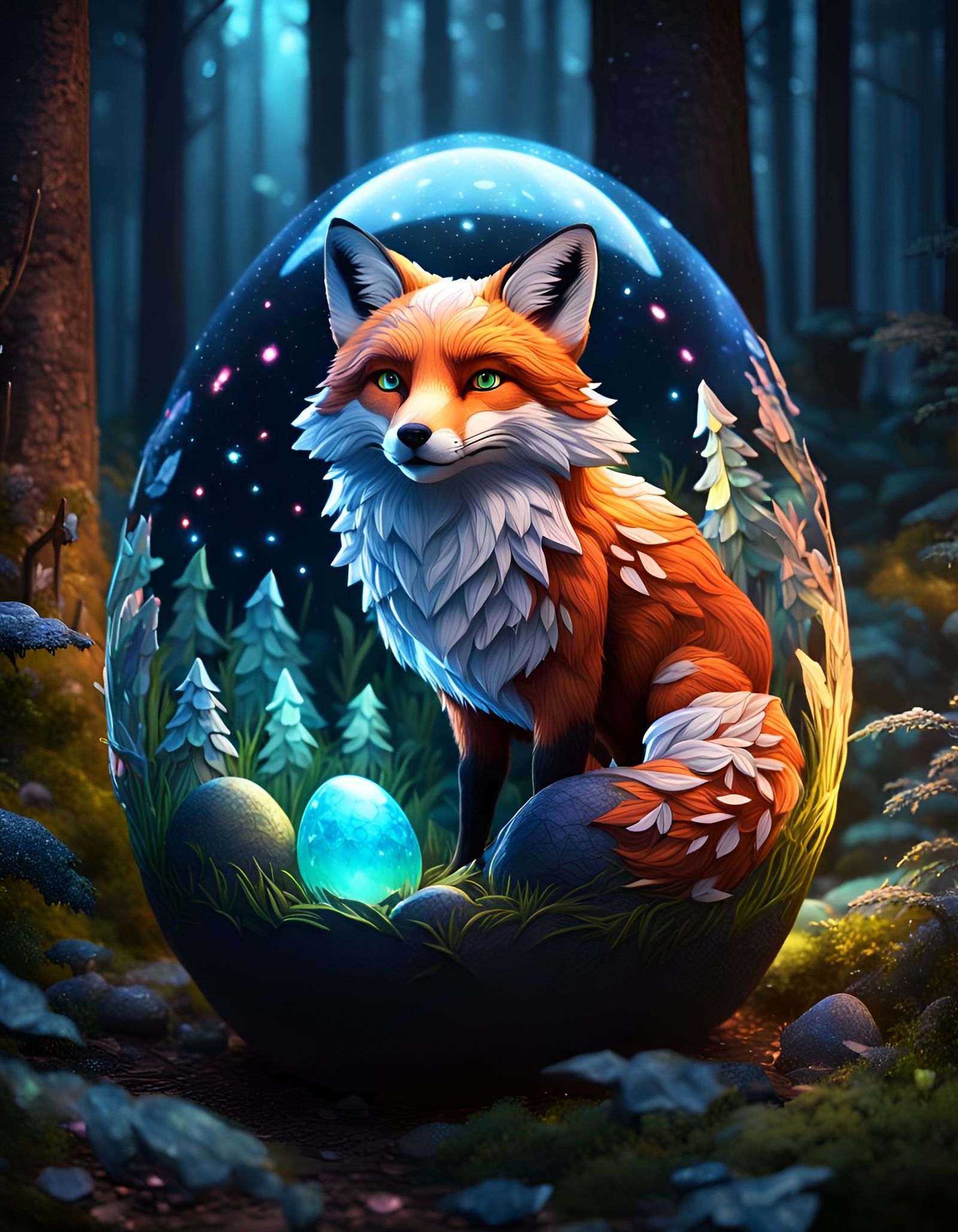 Crystal Diamond Fox in Egg, Hyperrealistic Splash Art