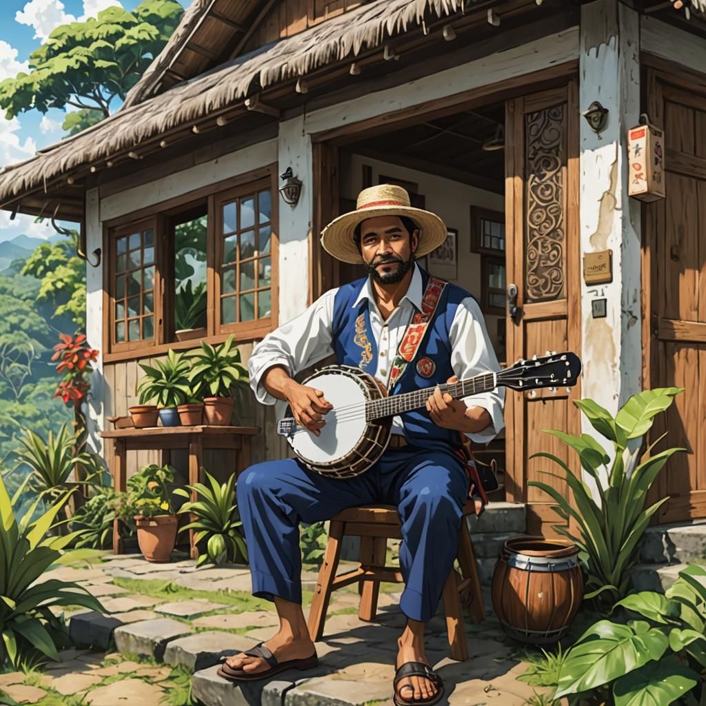 Costa Rican Man Playing Banjo in Anime Style