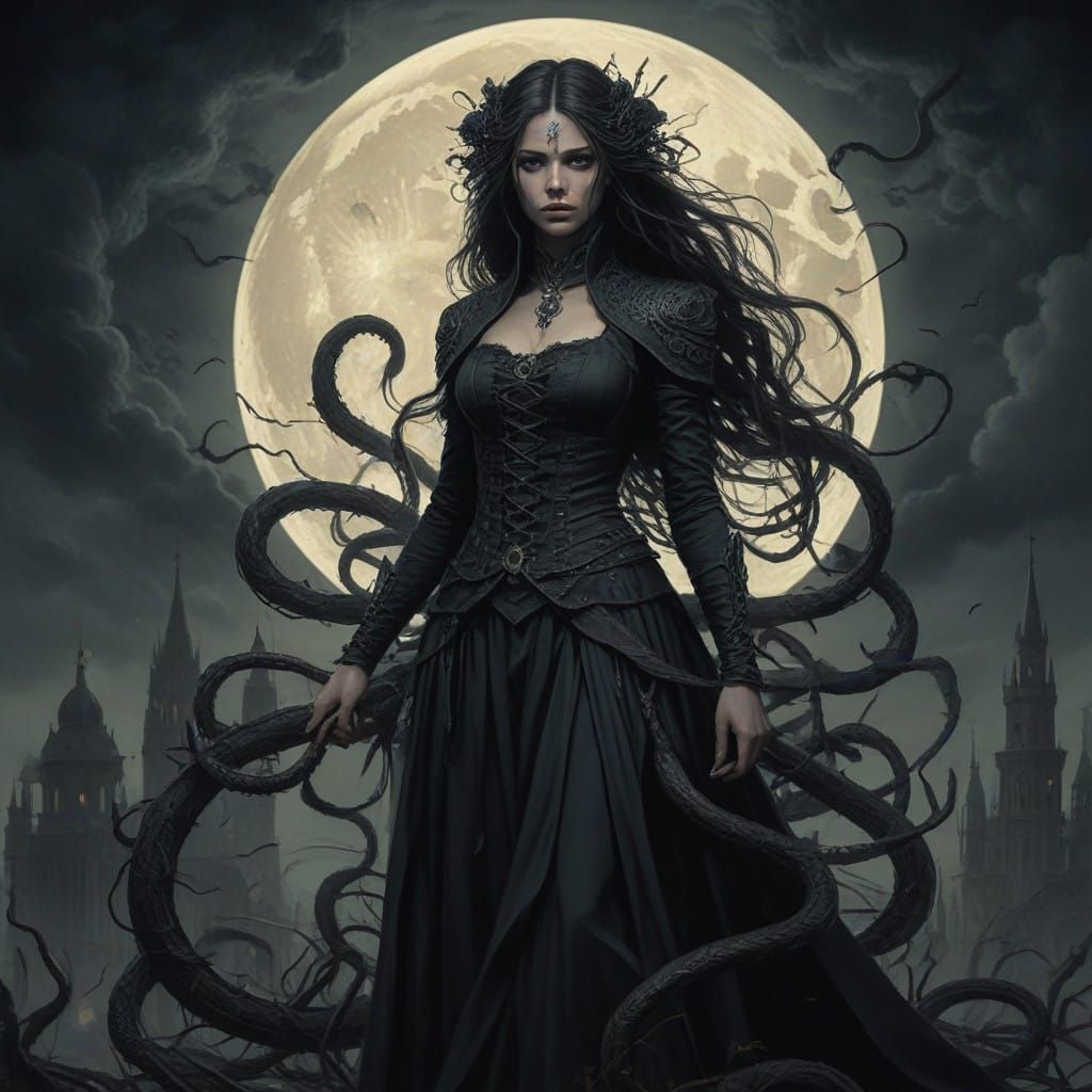 Mystical Sorceress Entwined with Swirling Snakes in Dark Moo...