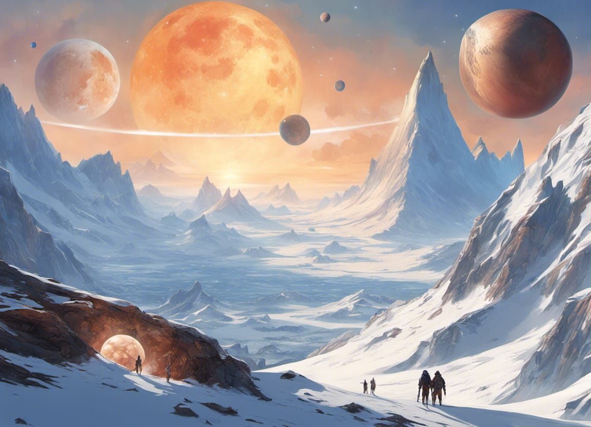 Icy Greenland Mountainscape with Nebula Sky