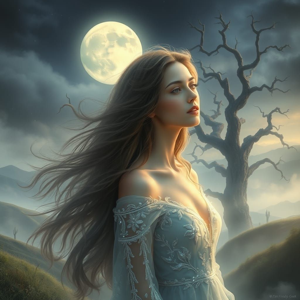 Ethereal Woman in Dreamy, Hyper-Detailed Landscape