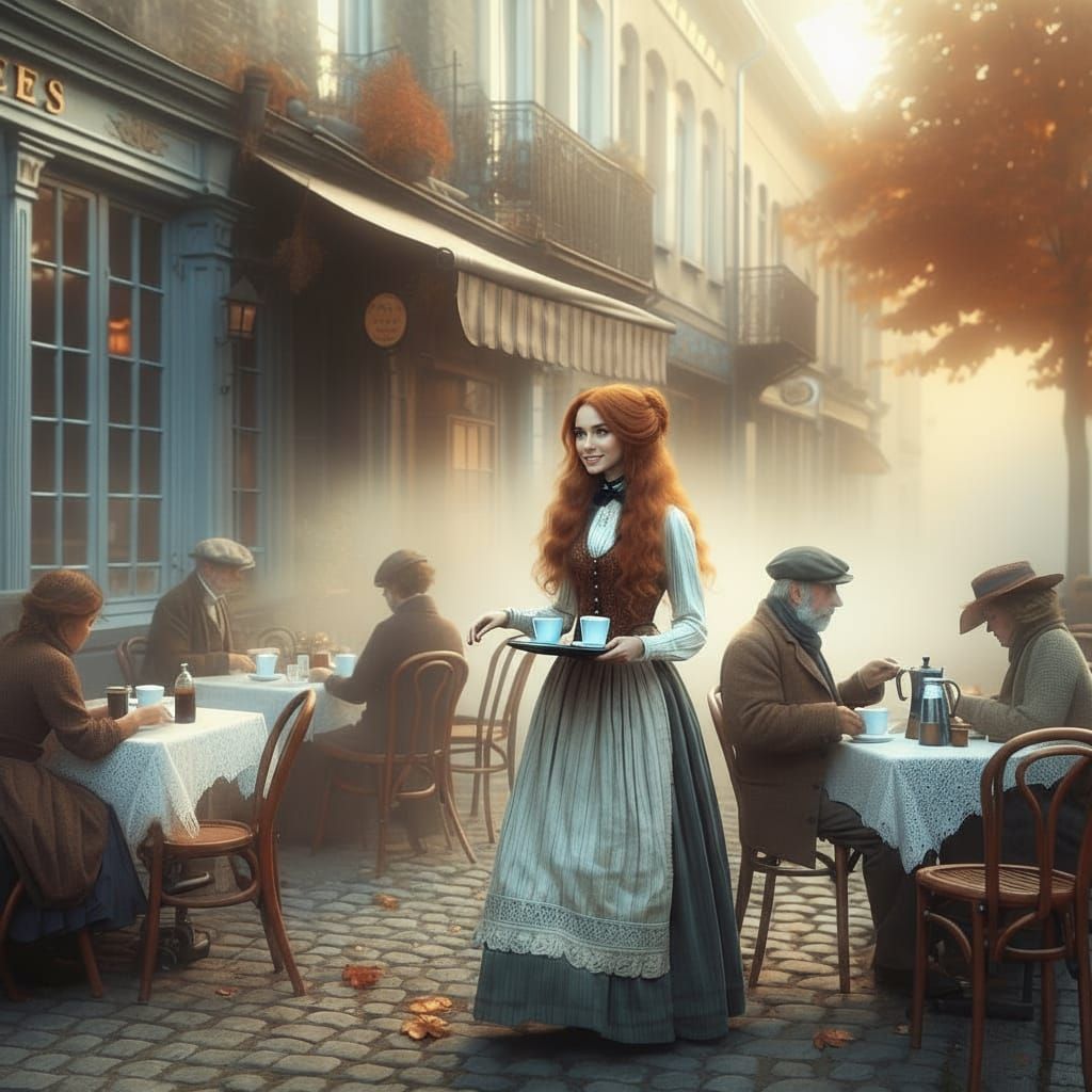 Victorian Waitress Serving Coffee in Misty Harbor City
