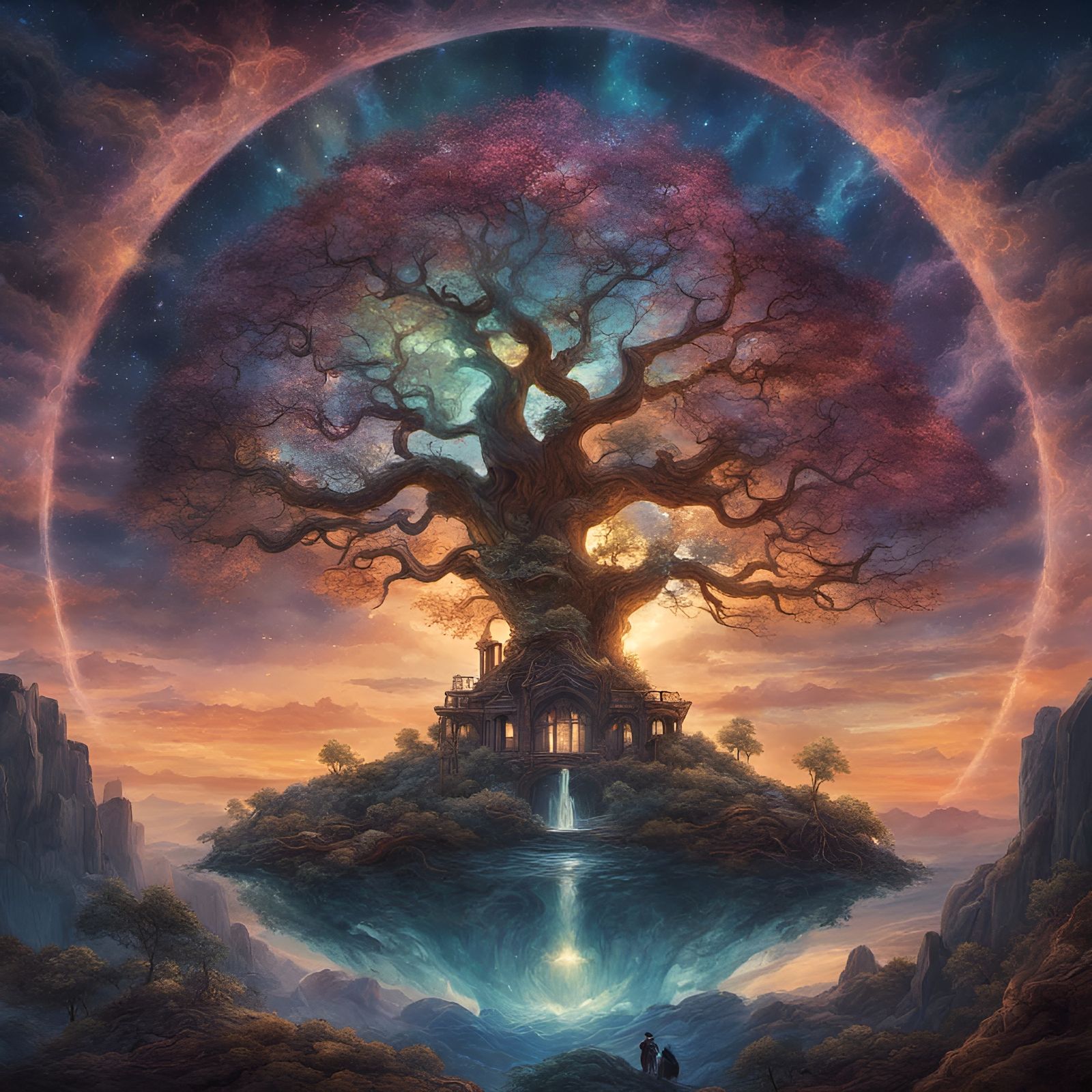 Yggdrasil Tree of Time in Aurora Borealis Sky