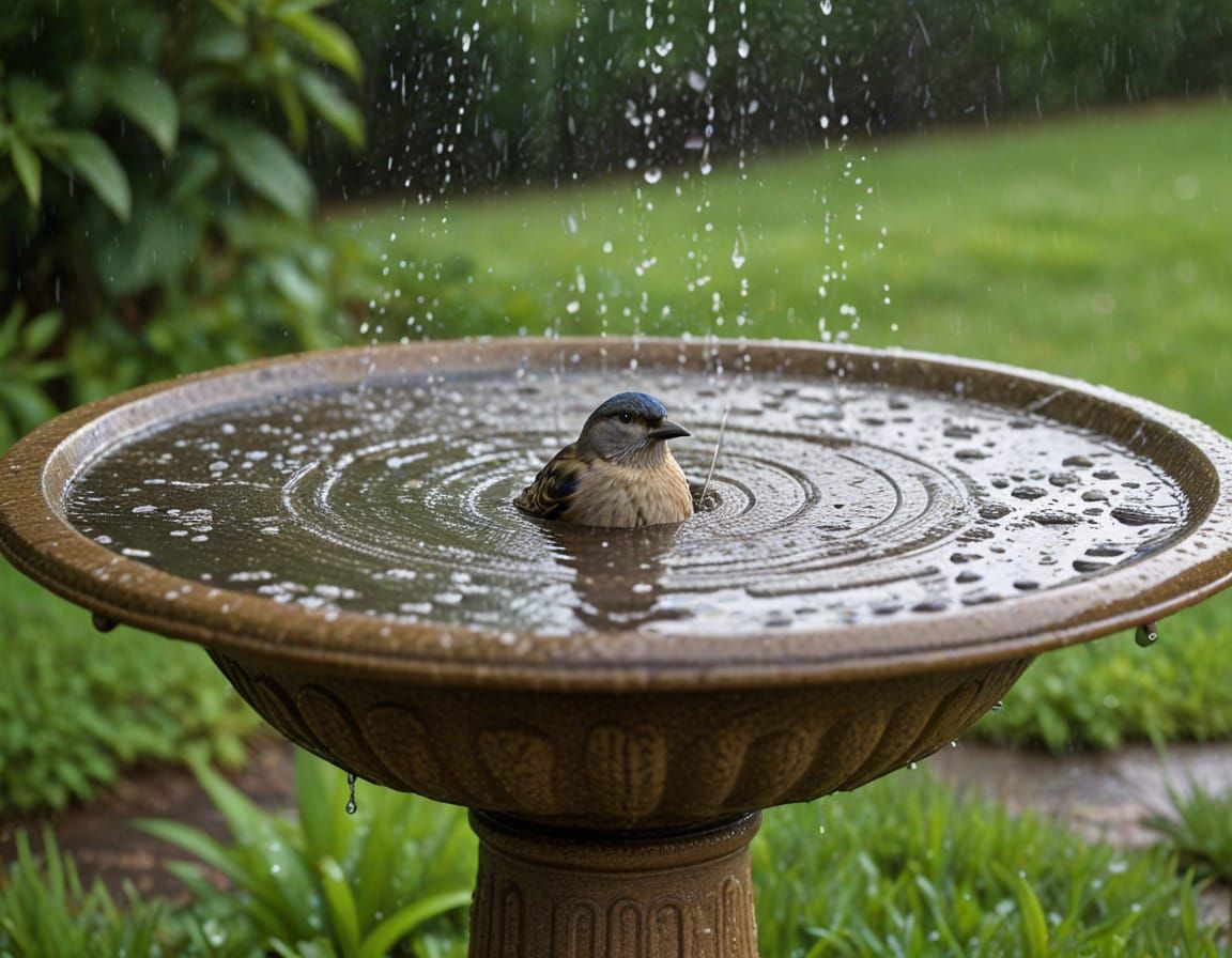 Close Up Of Birdbath During Heavy Rain