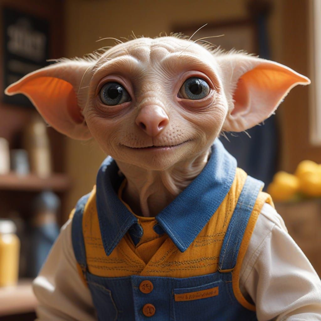 Whimsical Digital Portrait of Dobby the House Elf at Hobby L...