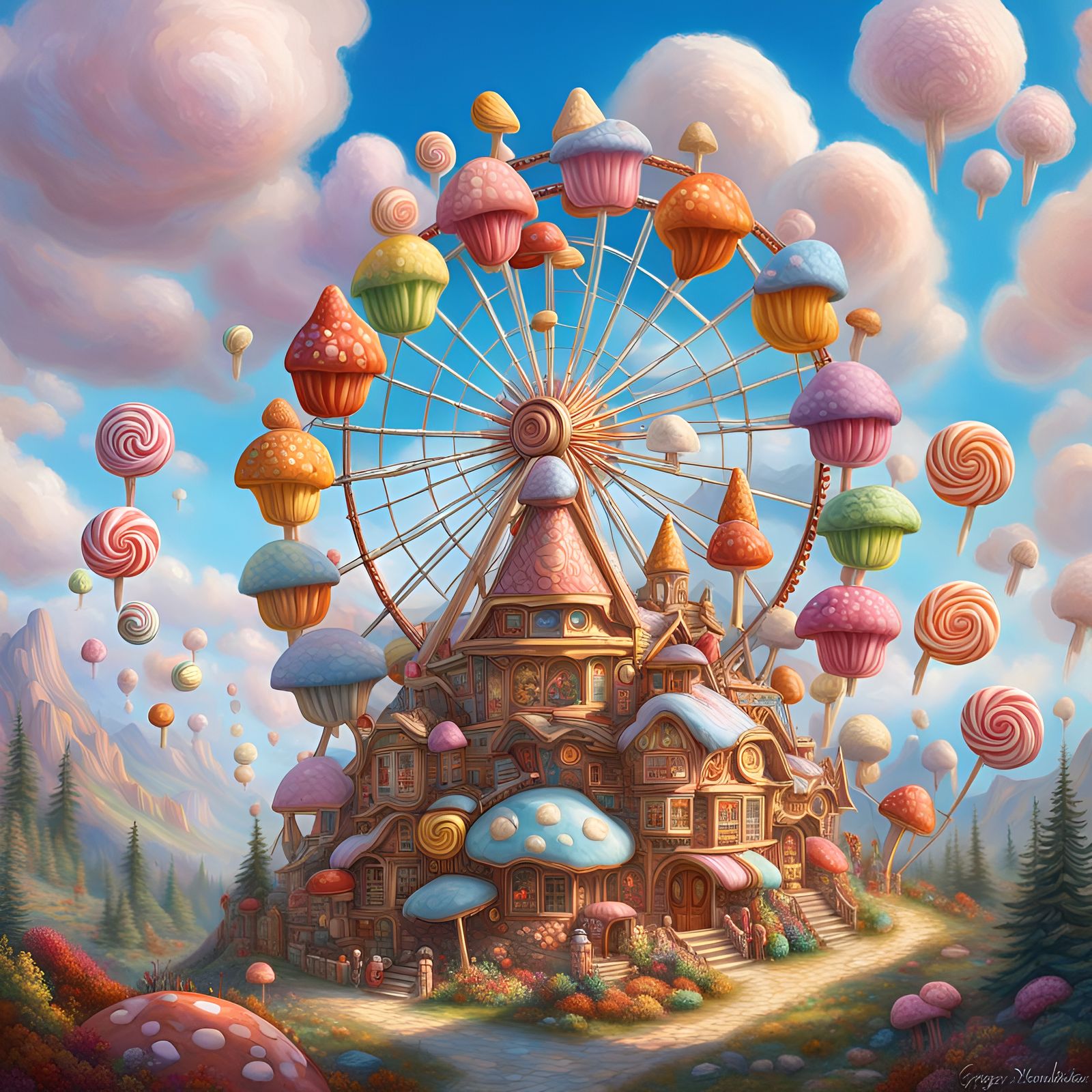 Candyland Ferris Wheel, marshmallow clouds