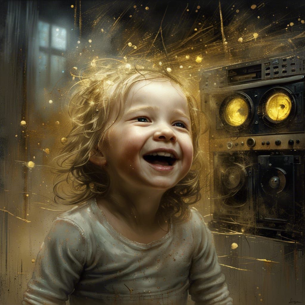 Toddler Dancing in Golden Starlight: Detailed Mixed-Media Ph...