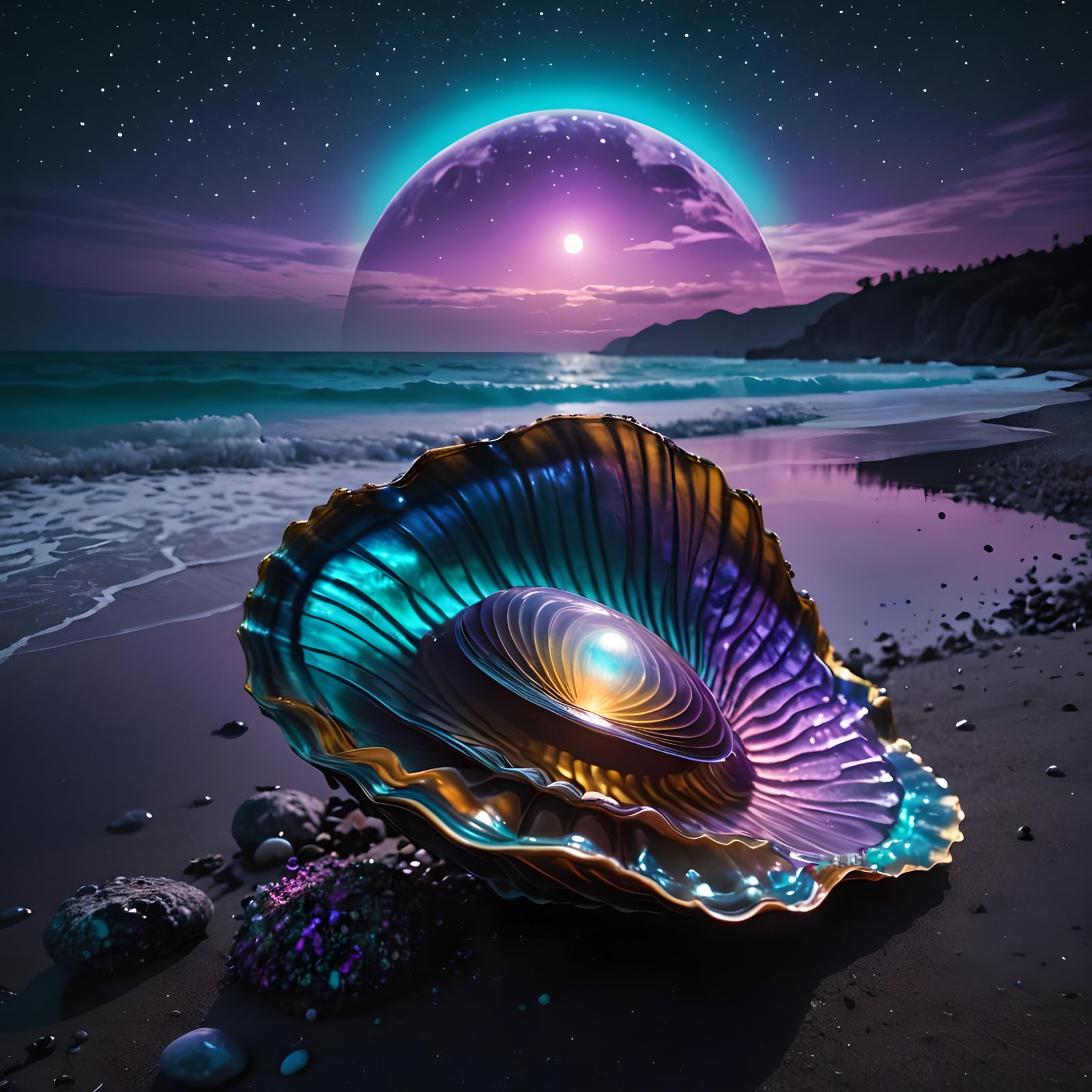 Cosmic Mussel Clam with Bioluminescent Pearl