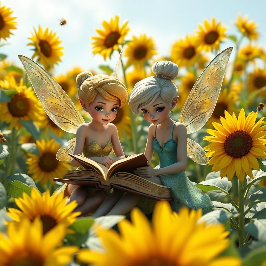 Tinker Bell and Silvermist in a Sunflower Field Paradise