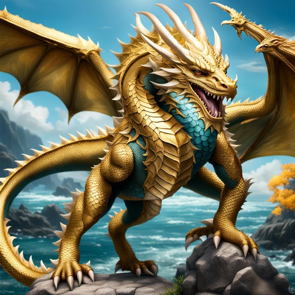 Golden Dragon and Elven Rider Over Lemuria