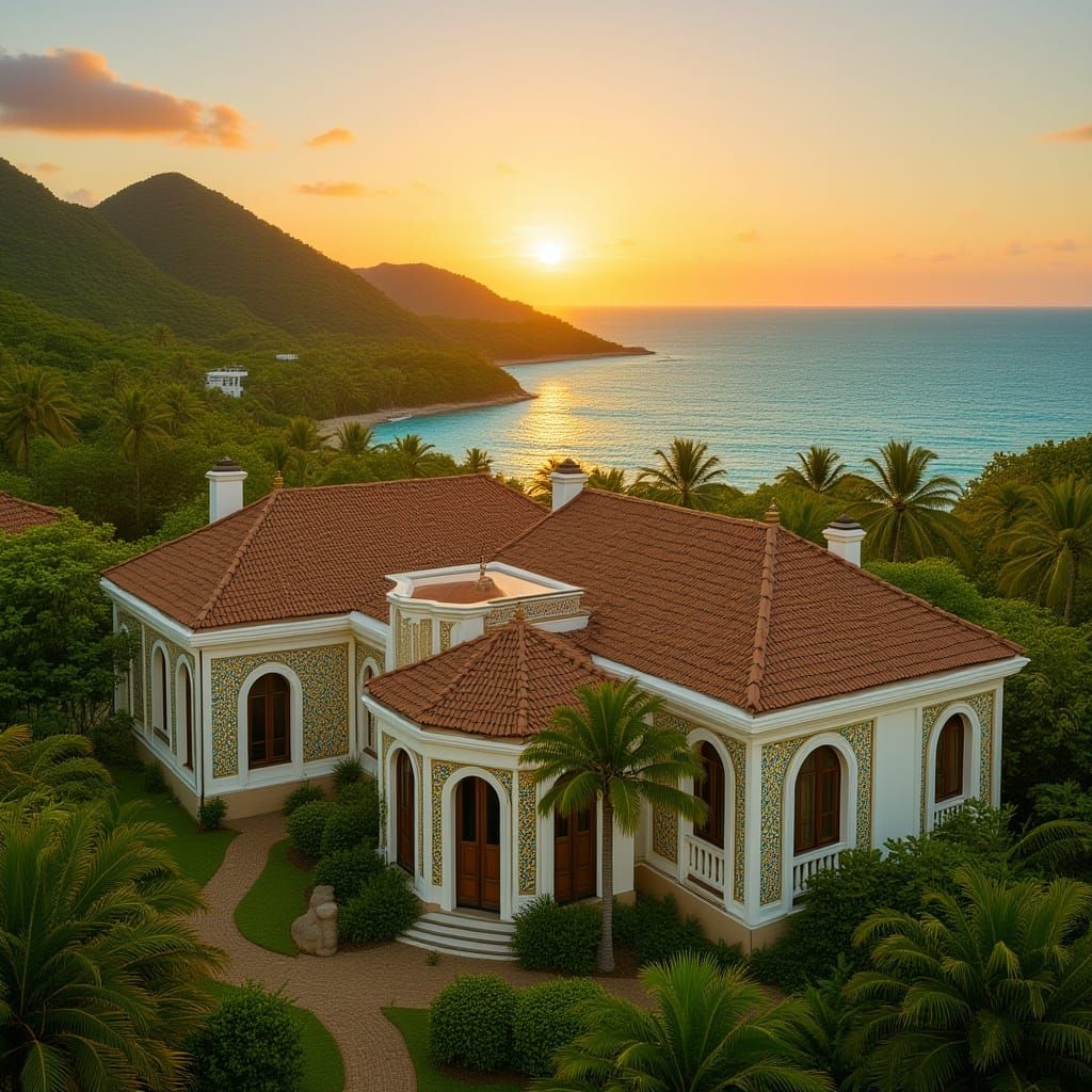 Tropical Villa Overlooking Blue Waters in Art Nouveau Style