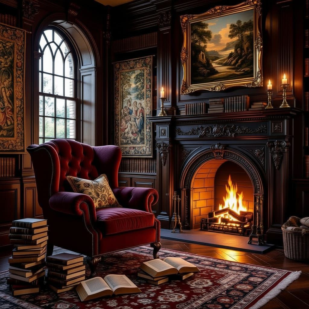 Grand Library Corner with Fireplace and Armchair