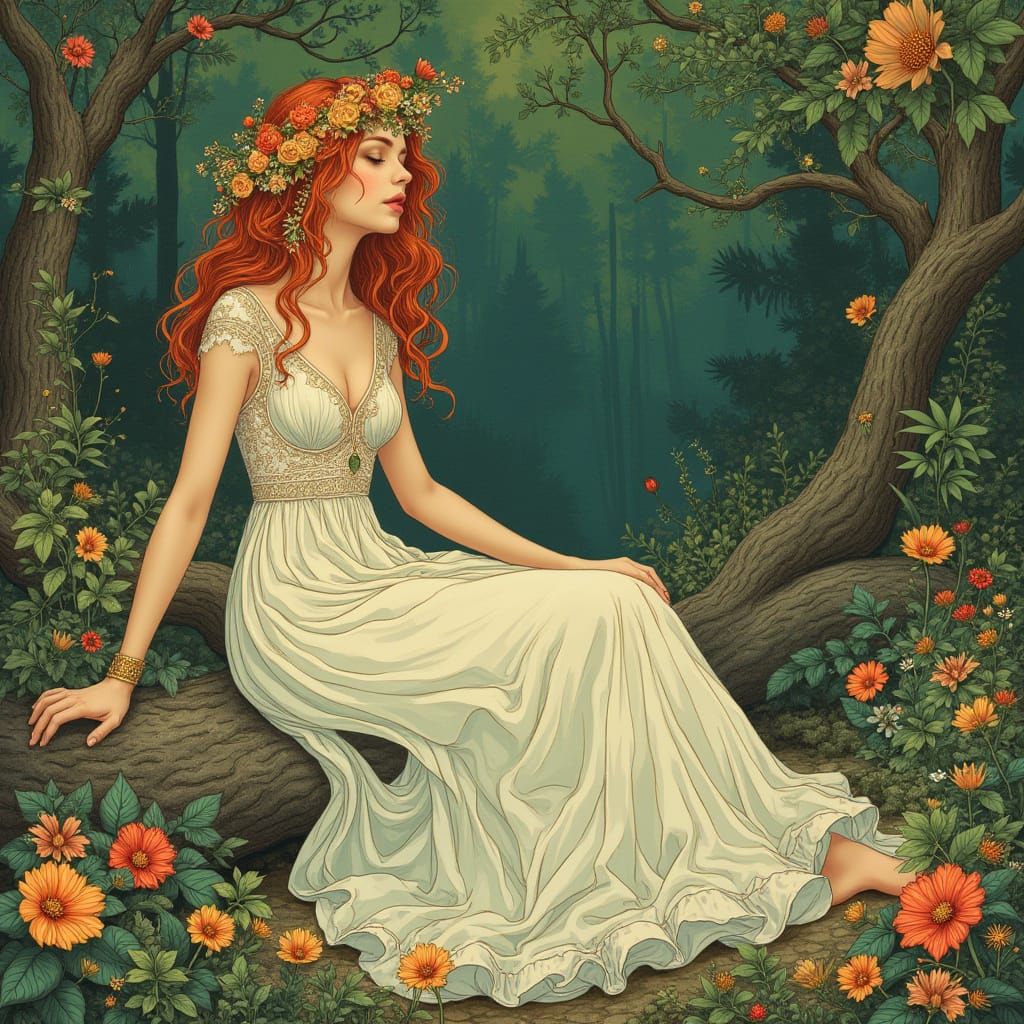Serene Woman in Lush Forest, Art Nouveau Style