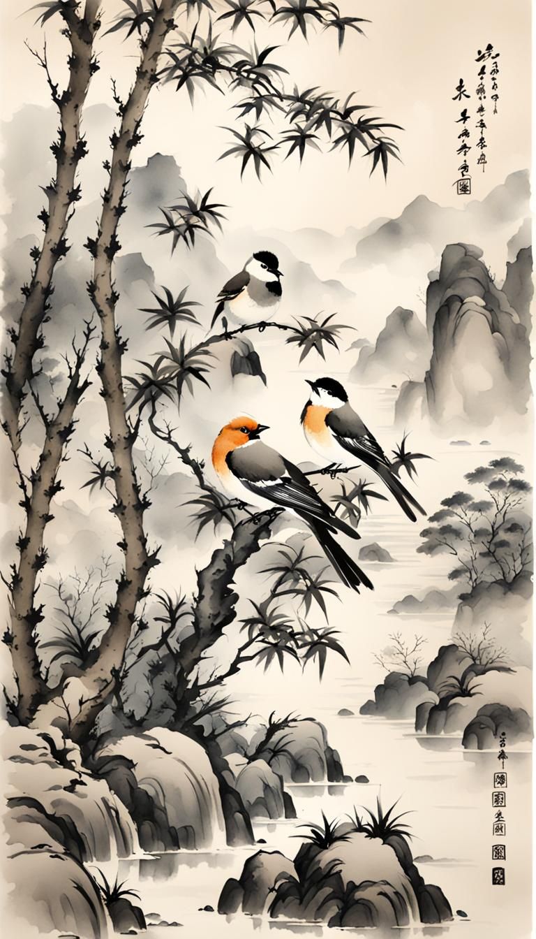 Birds on Rock in Traditional Chinese Ink Painting
