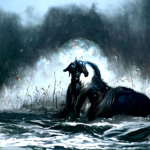 Eerie Kelpie Illustration in Gothic Horror Style