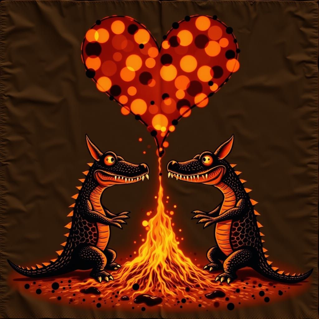 Romantic Lava Creatures with Erupting Volcano