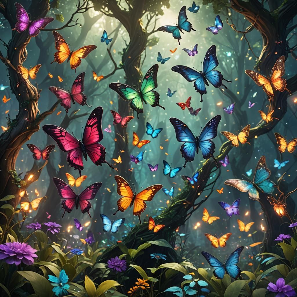 Gemstone Butterflies in Enchanted Hollow: Fantasy Art