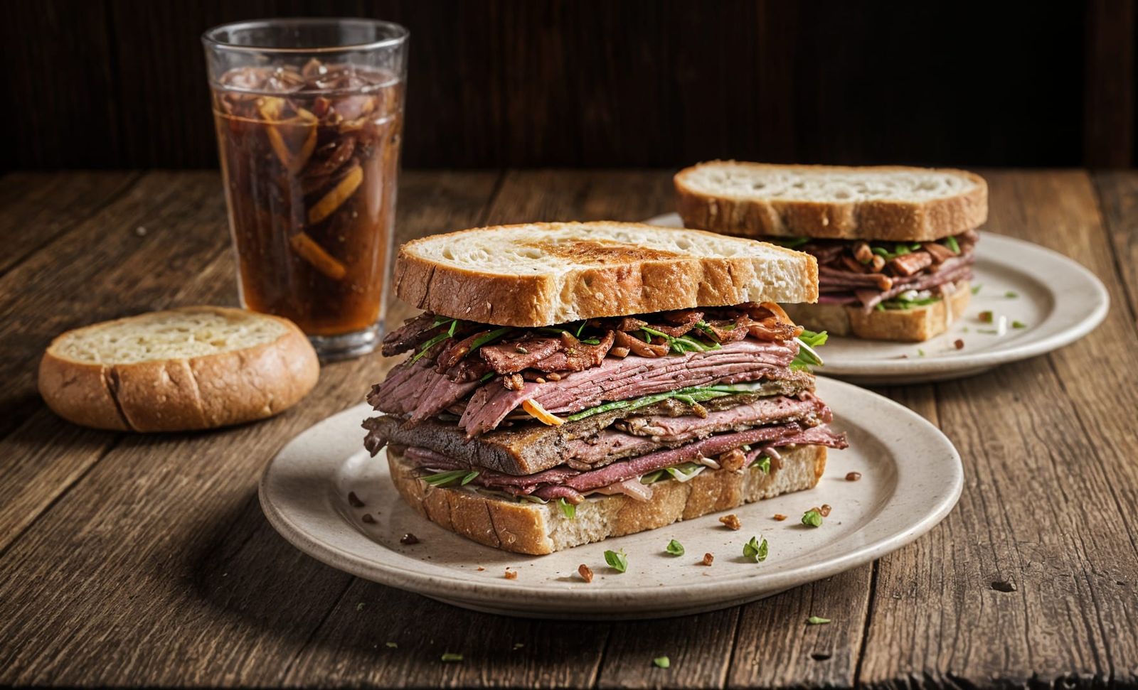 Hyper Realistic Hot Pastrami Sandwich on Rustic Table