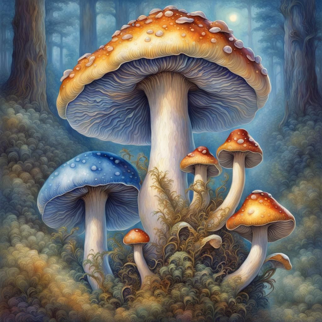 Luminous Blue Mushrooms in Watercolor Style