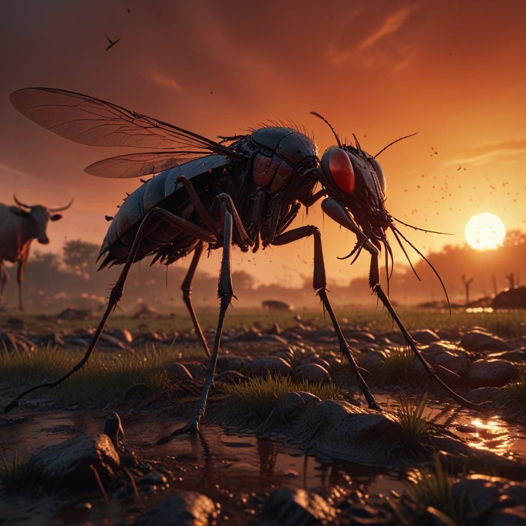 Giant Cyborg Mosquito Draining Cow in Blood-Soaked Field