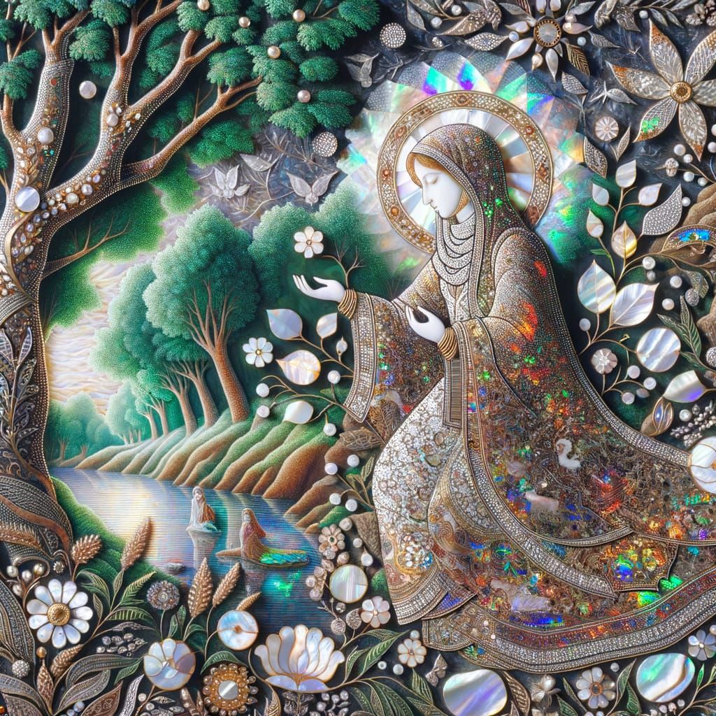 Serene Middle Eastern Woman in Mother-of-Pearl Inlay Art
