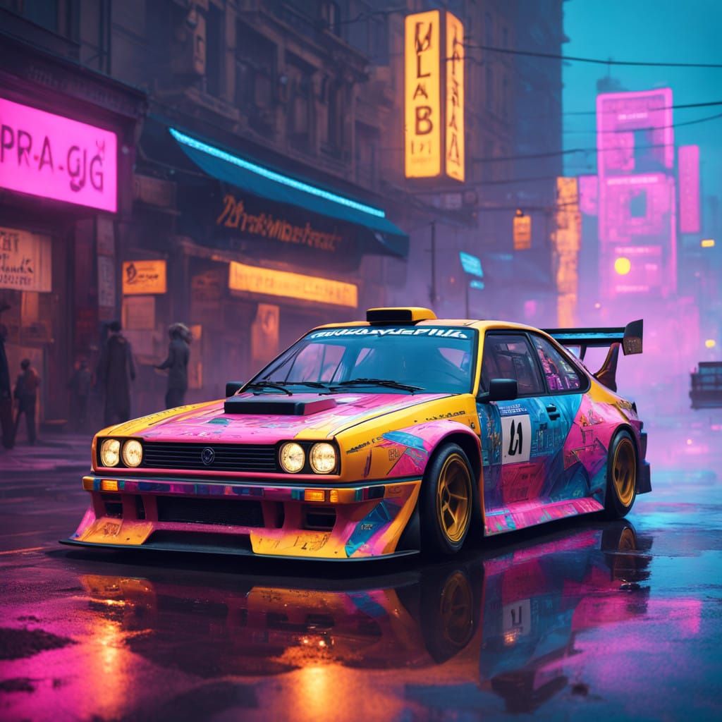 Rally car wrapped in "prag vec at the meltweg" artwork