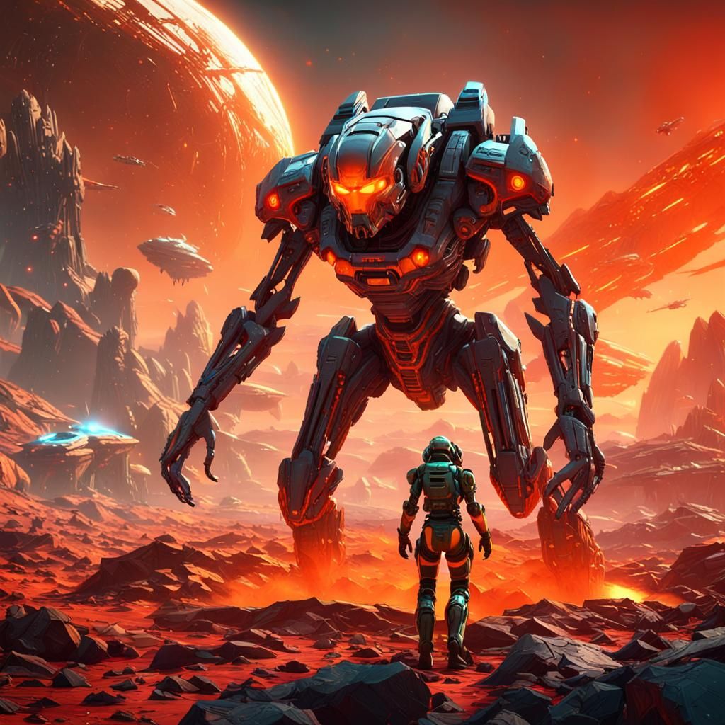 Damaged Android Warrior on Alien Planet in 3D