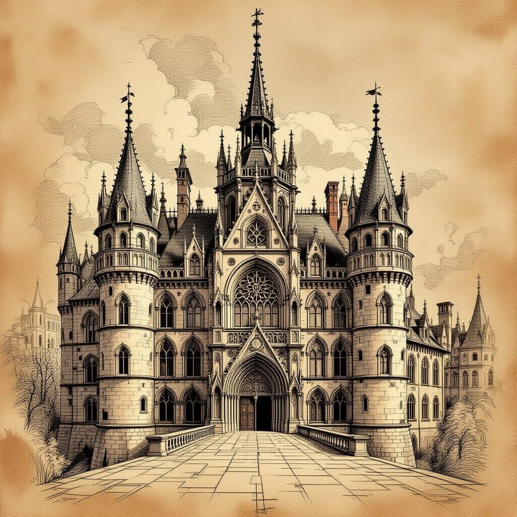 Gothic Castle Drawing in Da Vinci Sketch Style