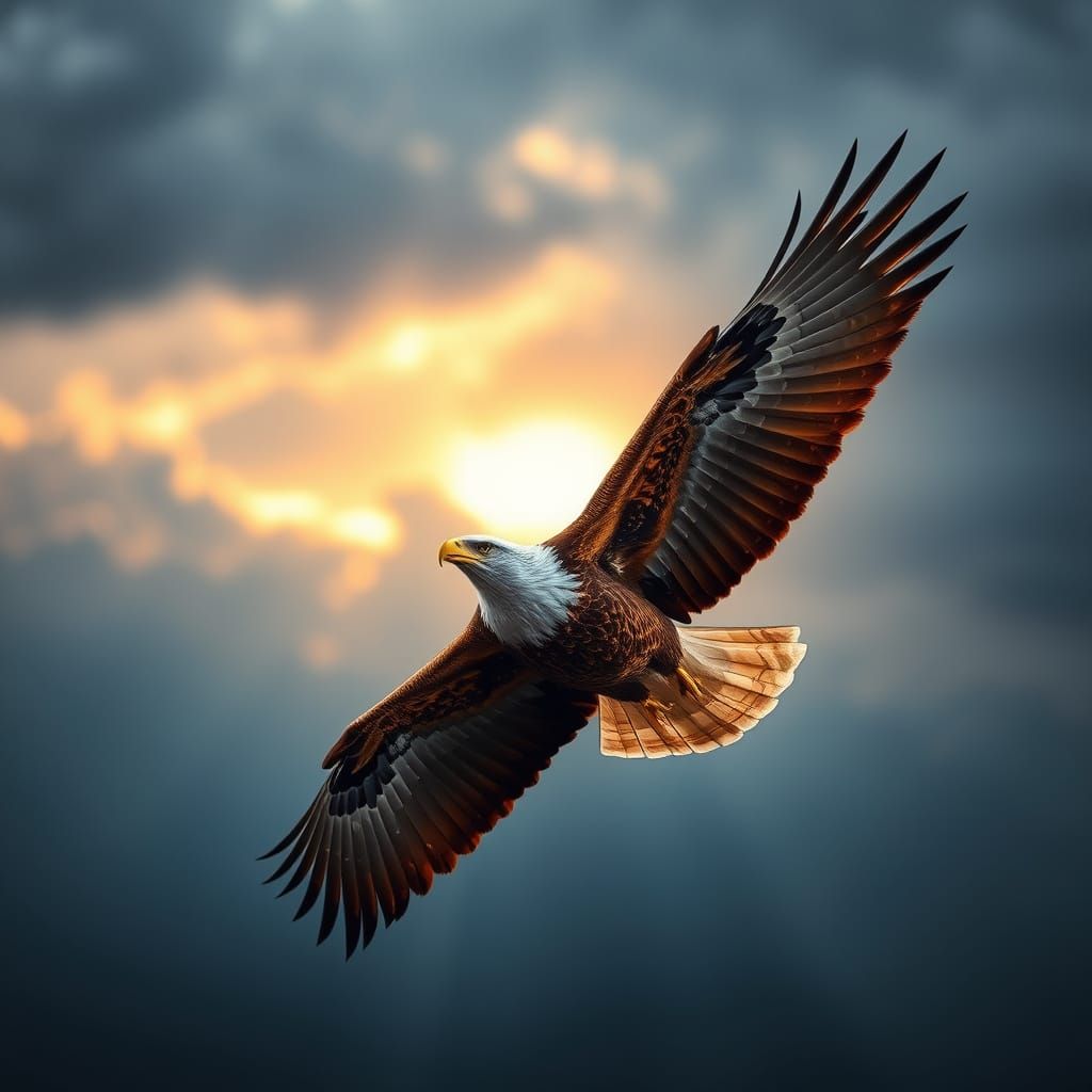 Majestic Golden Eagle Soaring Through Stormy Sunset Sky
