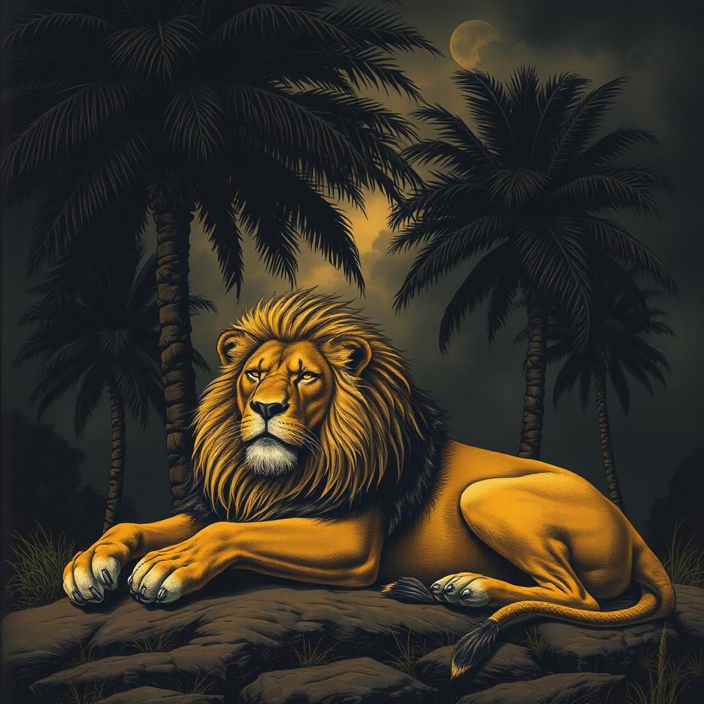 Lion's Angry Slumber Under Palm Trees in Dark Fantasy Style