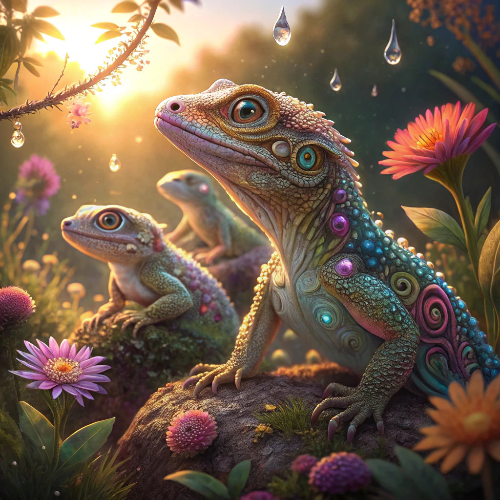 Glittering Geckos in Lush Garden: Hyperrealistic Digital Art