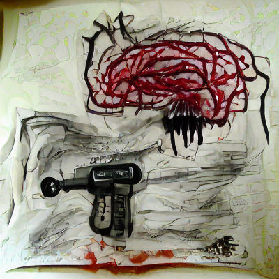 Horrifying Abstract Charcoal Drawing of Brain and Gun