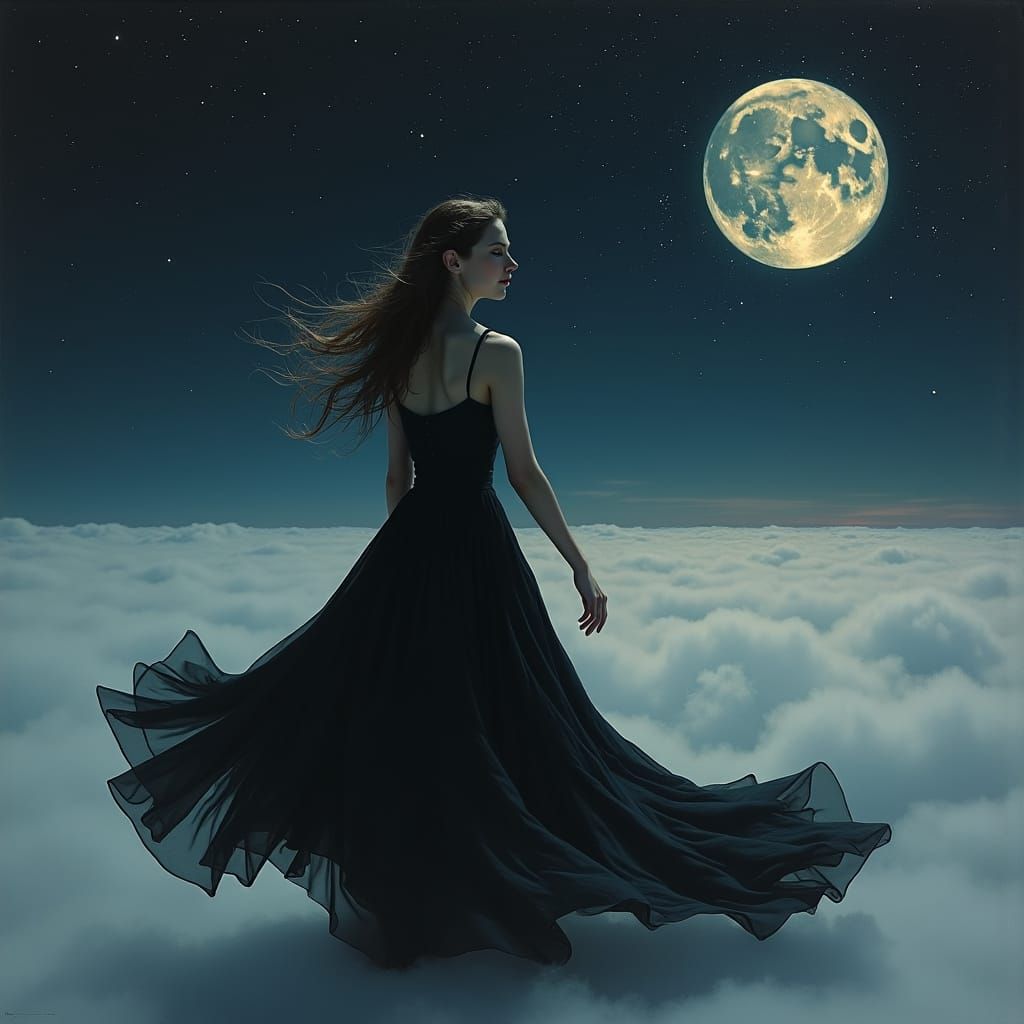 Ethereal Girl in Black Dress Under Starry Sky