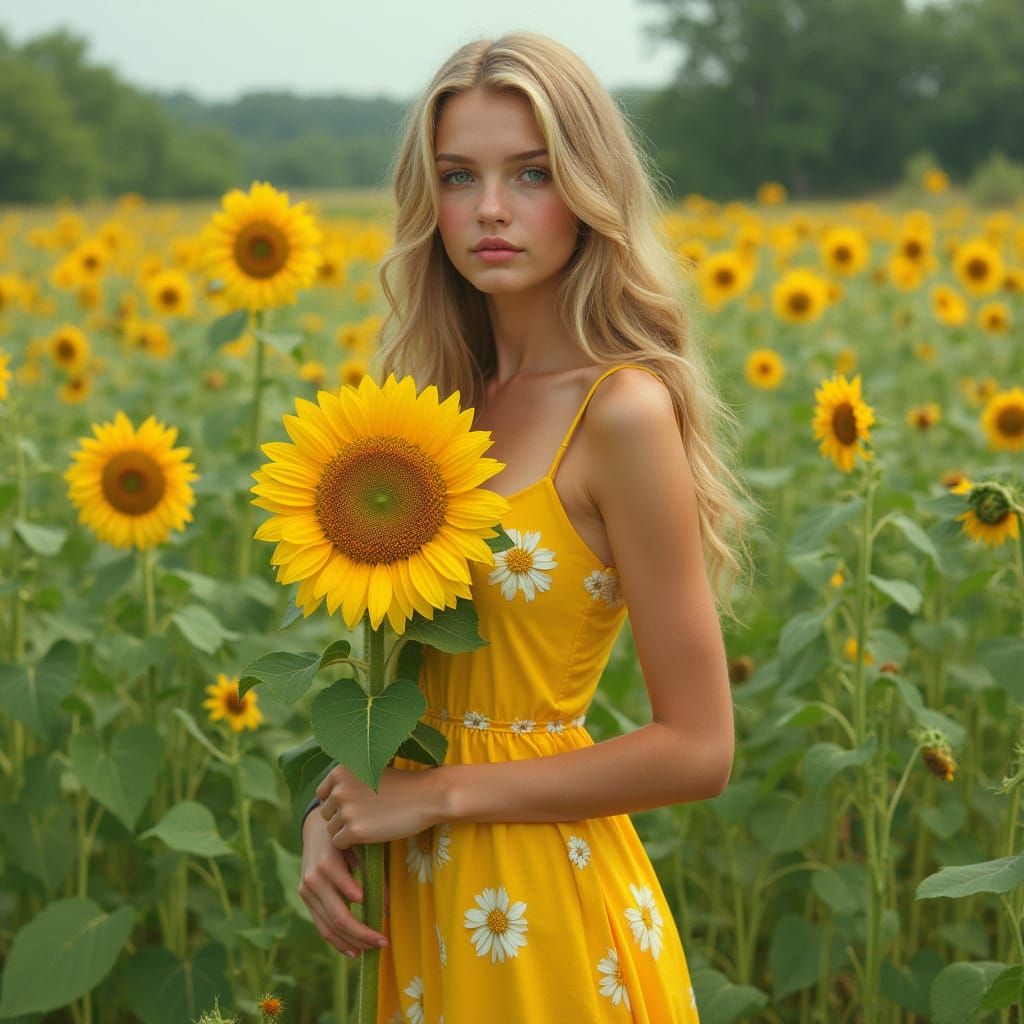 Woman with Sunflower in Photorealistic Style