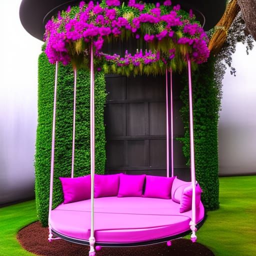 Magenta pink Gothic Round Swing Bed with Pergola Roof and Planters& gothic vibes& ethereal vibes& magical vibes& dark fa...