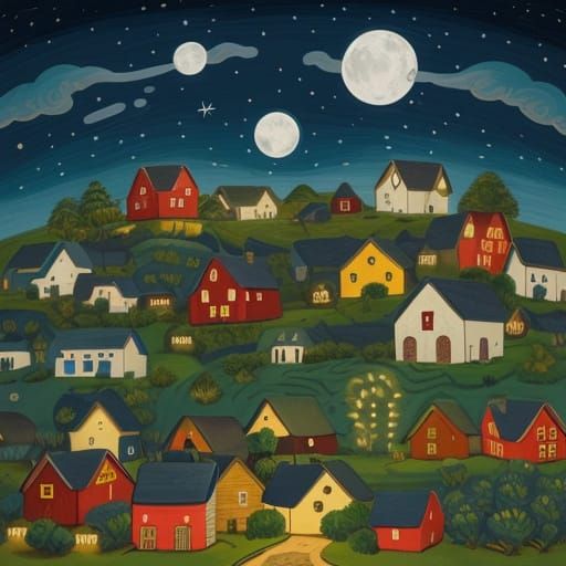 Naive Folk Art Village Under Giant Moon