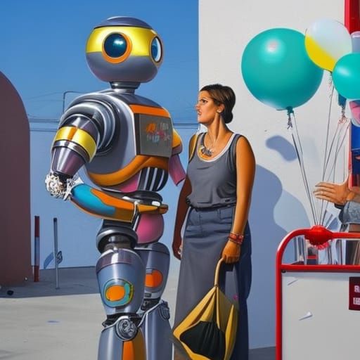 Robot and Woman Selling Balloons as Graffiti Art