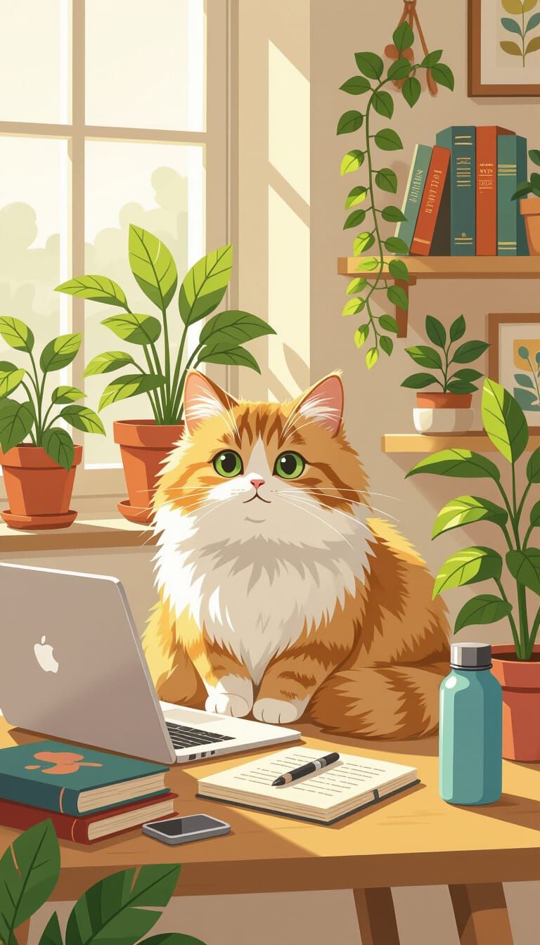 Millennial Maine Coon Cat in Miyazaki-Inspired Workspace