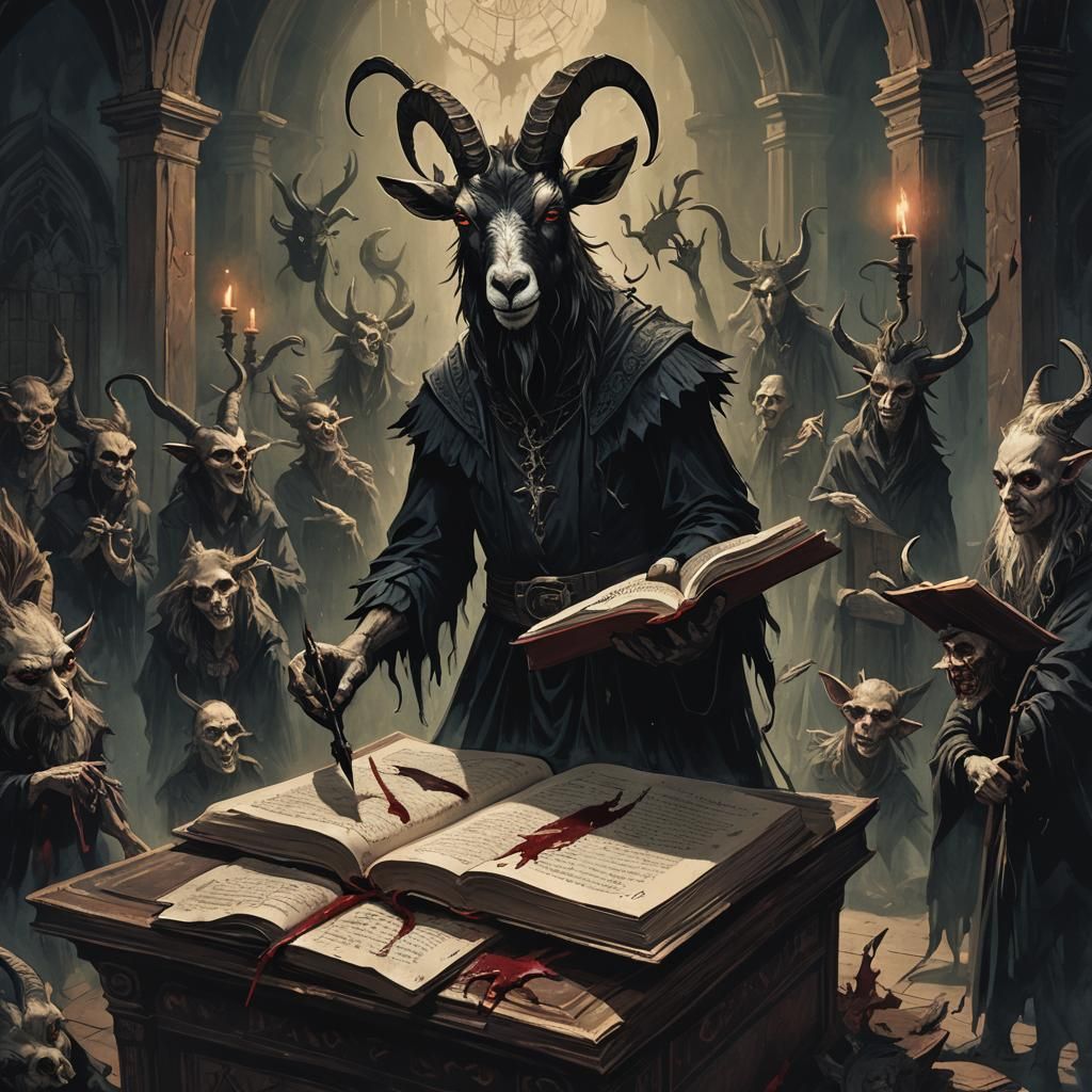 Dark Fantasy Scene: Demon and Witches in Gothic Whimsy